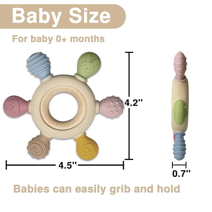 Baby Teething Ring Toy – Soft Silicone & Wooden Grip for 0+ Months