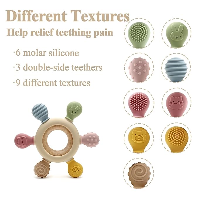 Baby Teething Ring Toy – Soft Silicone & Wooden Grip for 0+ Months