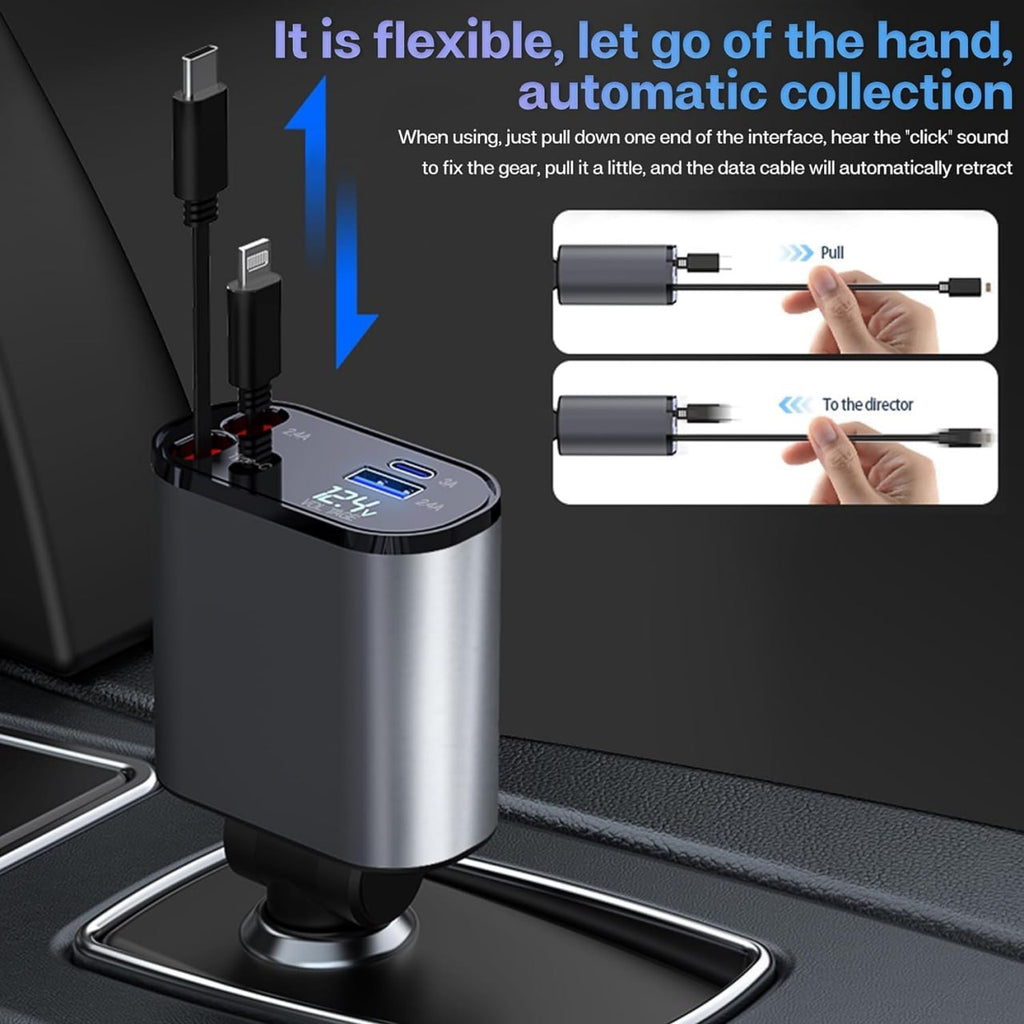 4 in 1 Retractable 100W Car Charger with Dual Super Fast Retractable Cables and Type-C & USB Car Charger Adapter.