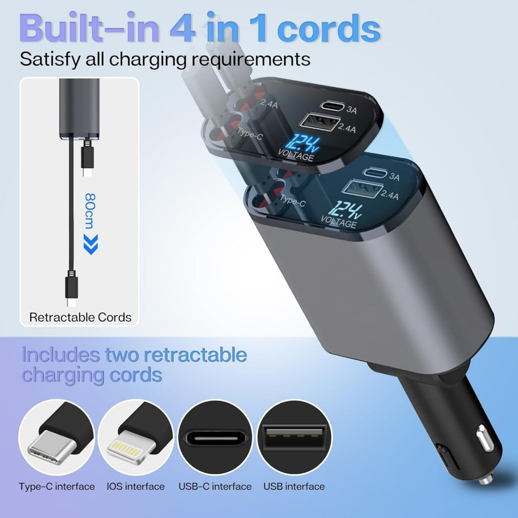 4 in 1 Retractable 100W Car Charger with Dual Super Fast Retractable Cables and Type-C & USB Car Charger Adapter.