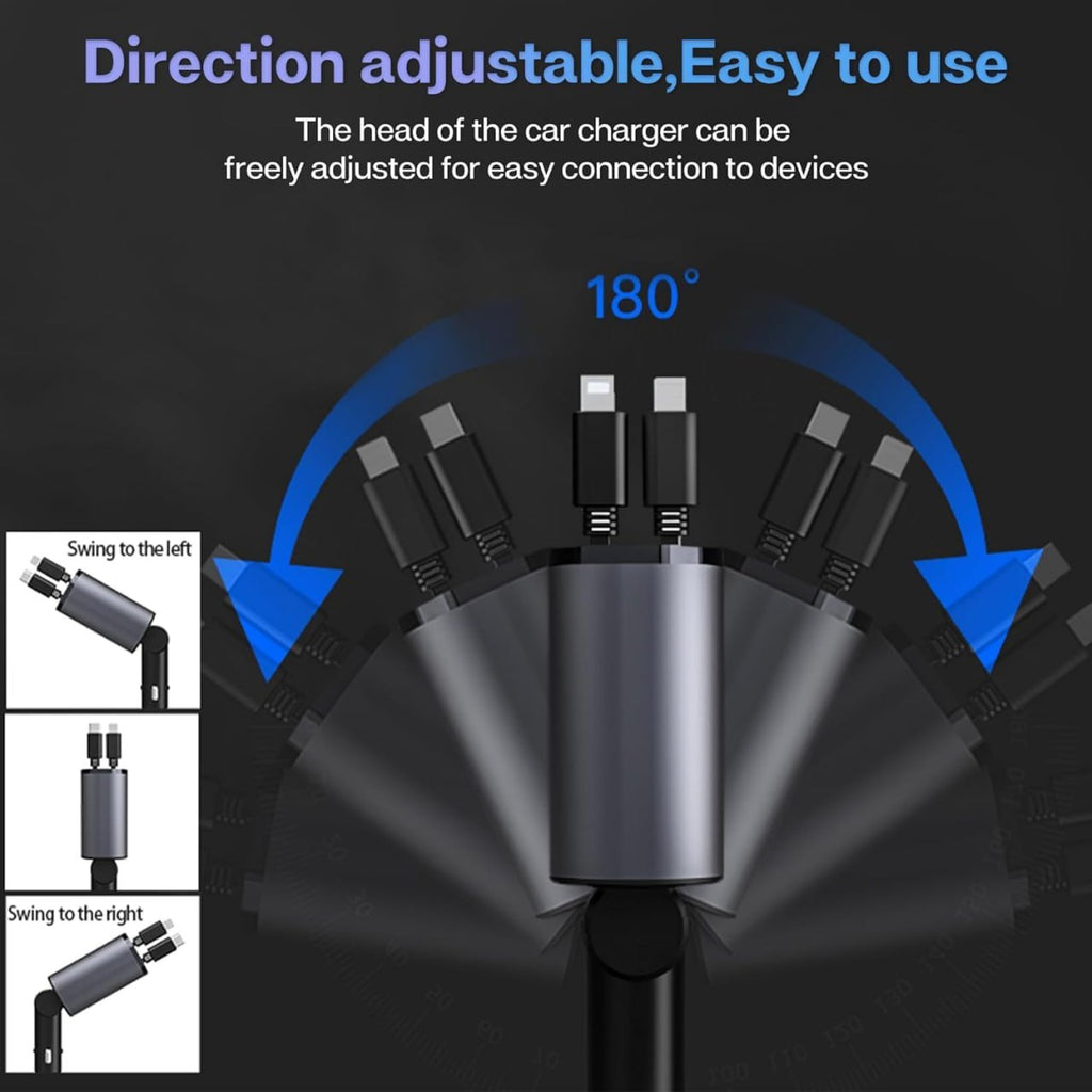 4 in 1 Retractable 100W Car Charger with Dual Super Fast Retractable Cables and Type-C & USB Car Charger Adapter.