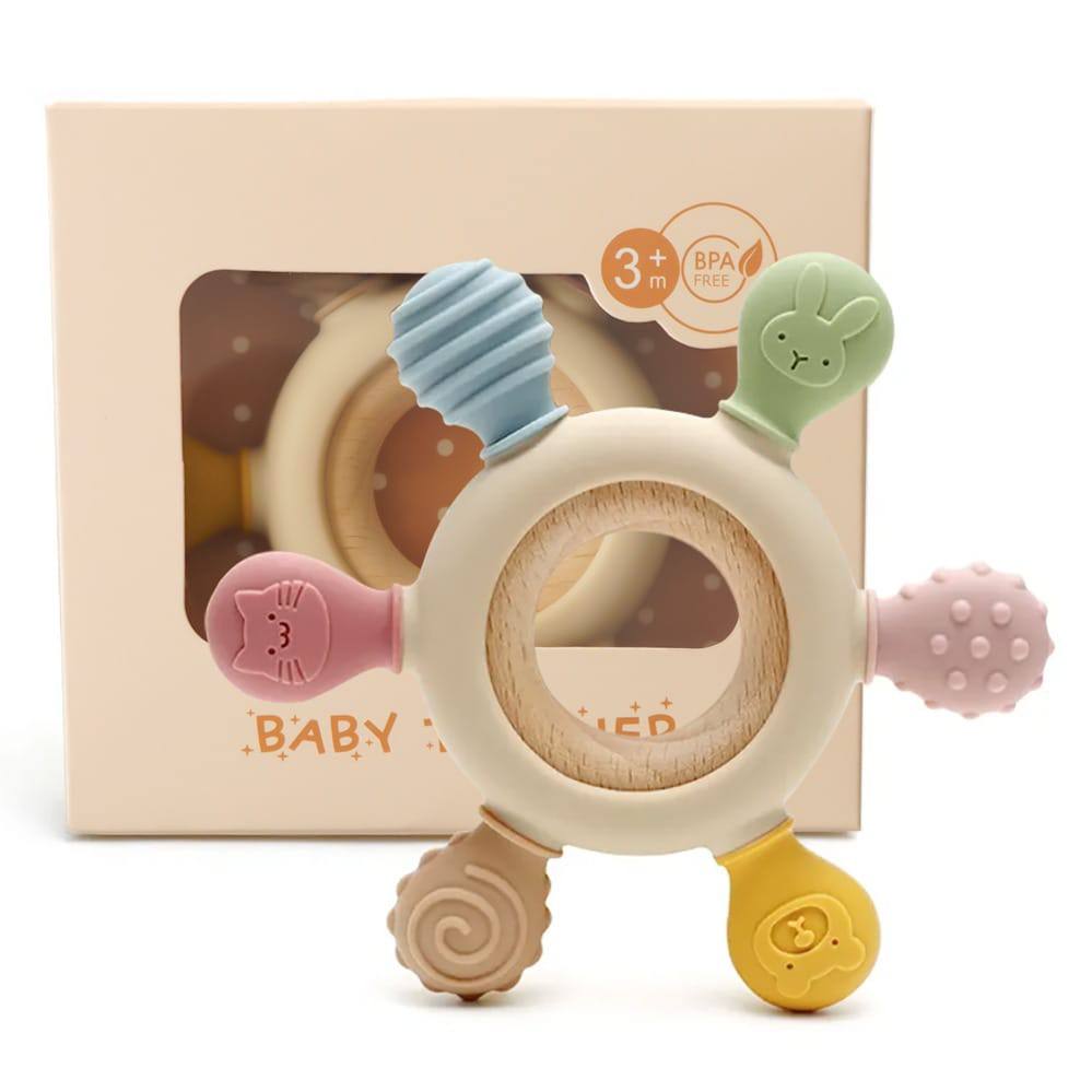 Baby Teething Ring Toy – Soft Silicone & Wooden Grip for 0+ Months