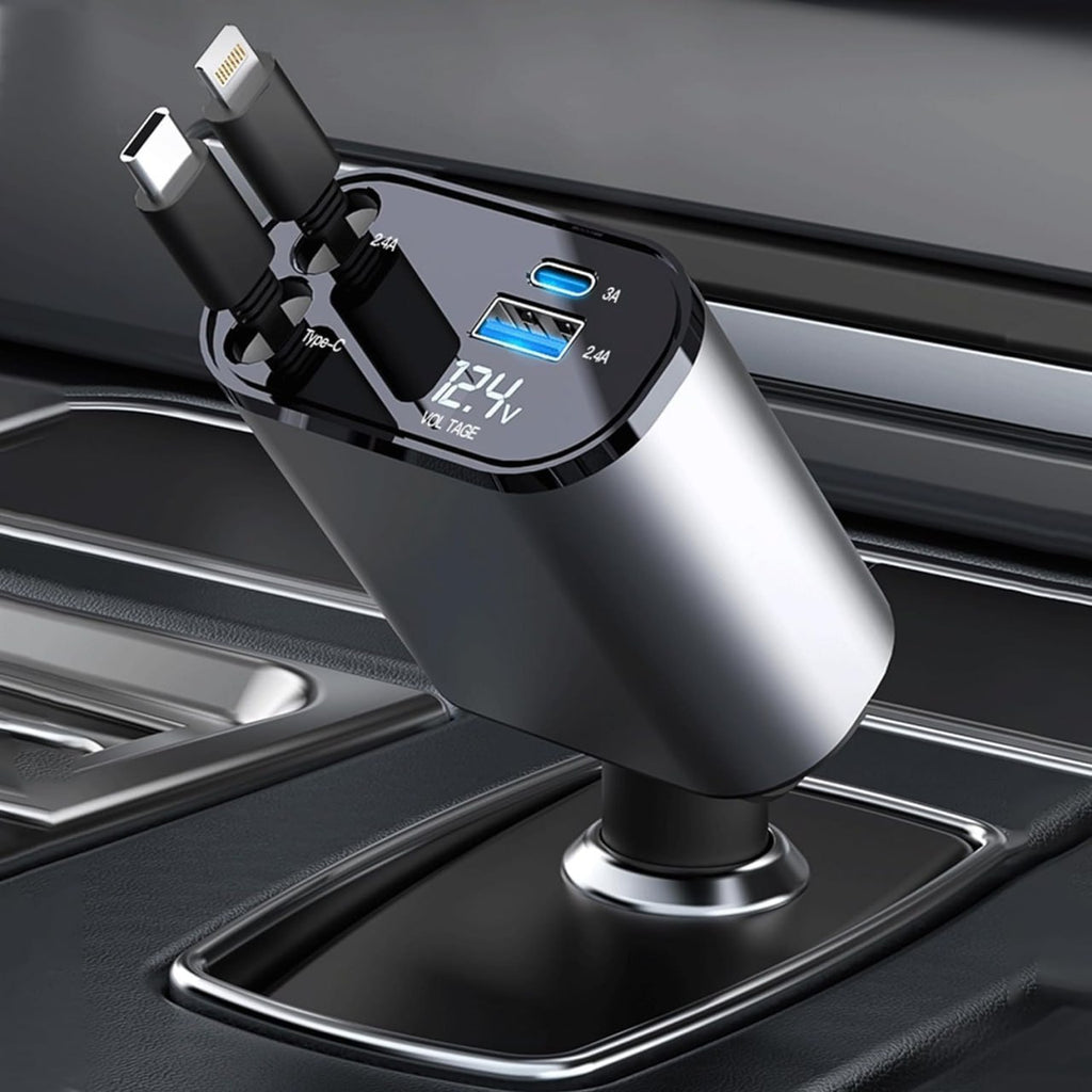 4 in 1 Retractable 100W Car Charger with Dual Super Fast Retractable Cables and Type-C & USB Car Charger Adapter.